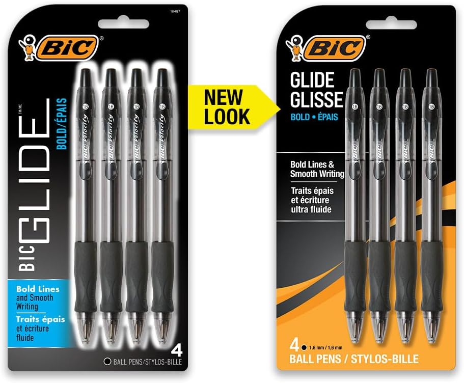BIC Glide Bold Black Ballpoint Pens, Bold Point (1.6mm), 4-Count Pack, Retractable Ballpoint Pens With Comfortable Full Grip