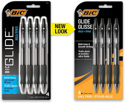 BIC Glide Bold Black Ballpoint Pens, Bold Point (1.6mm), 4-Count Pack, Retractable Ballpoint Pens With Comfortable Full Grip