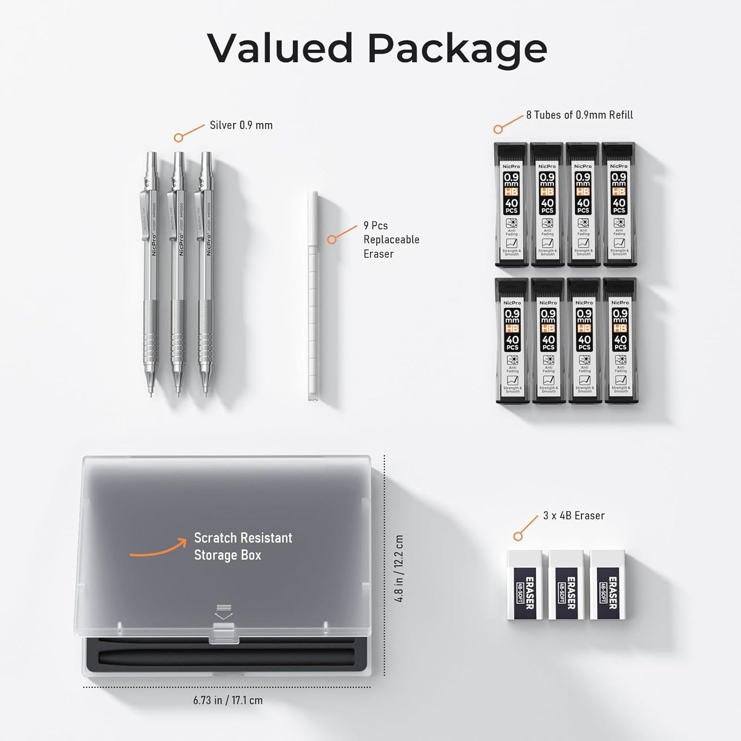 Nicpro 0.5 mm Mechanical Pencils Set with Case, 3 Metal Artist Pencil With 480PCS HB Lead Refills, 3 Erasers,9 Eraser Refills For Architect Art Writing Drafting, Drawing, Engineering, Sketching, Black