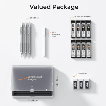 Nicpro 0.5 mm Mechanical Pencils Set with Case, 3 Metal Artist Pencil With 480PCS HB Lead Refills, 3 Erasers,9 Eraser Refills For Architect Art Writing Drafting, Drawing, Engineering, Sketching, Black
