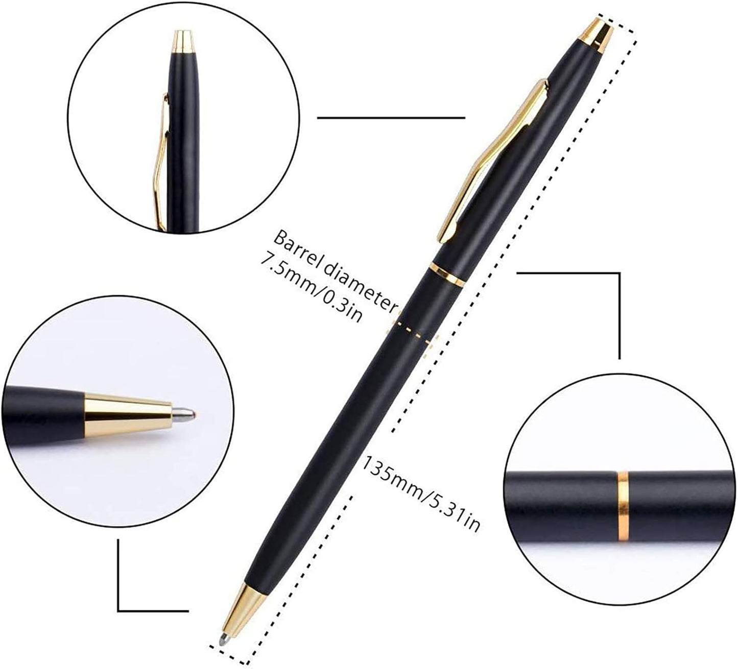 Cambond Slim Ballpoint Pens Bulk - Black Ink 1.0mm Medium Point Retractable Metal Pen for Police Uniform, Flight Attendant & Office, 10 Pack (Black Barrel)