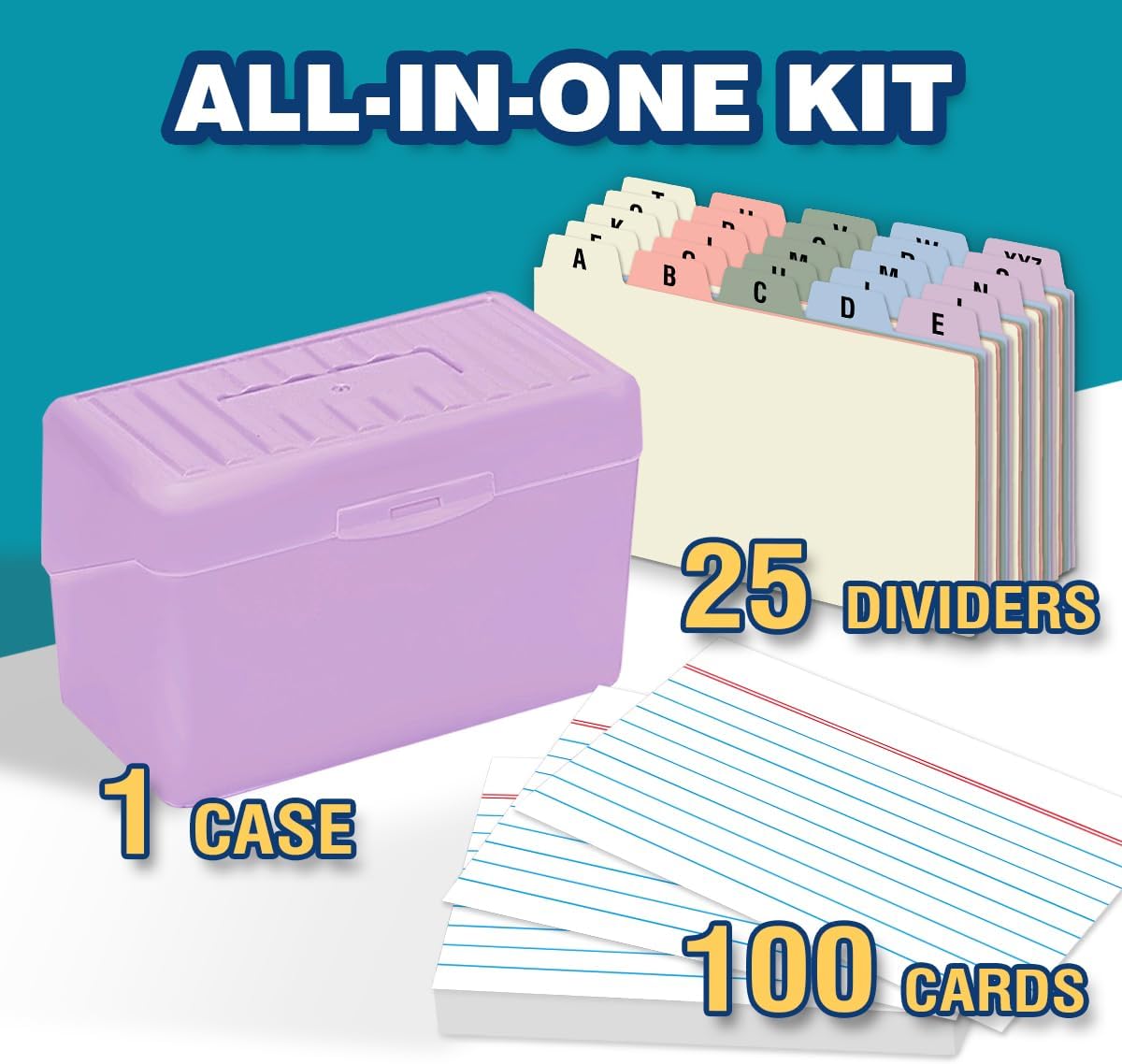 H4D 3x5 Index Card Holder with 100 Heavyweight Ruled Index Cards and 25 Plastic Dividers, Black