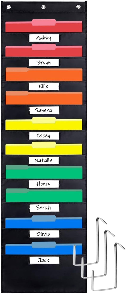 Opret 10 Pockets Storage Pocket Chart with 10 Nametag Pockets, Hanging Wall File Organizer for File Folders with 3 Hangers for Classroom, Office, School Mailbox Organizer and Home (Black)