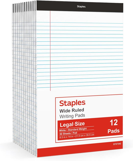 STAPLES Legal Pads, 8.5” x 14”, Wide Ruled, 50 Sheets/Pad, 12‑Pack