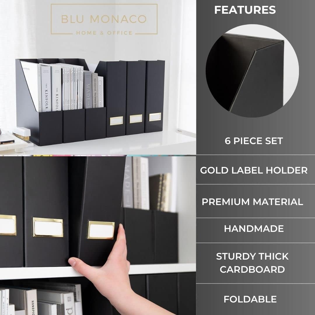 BLU MONACO Foldable Black Magazine File Holder | Set of 6 Cardboard Desk Organizer Boxes | Vertical Magazine File Holder | Standing File Holder | Office Classroom or Home