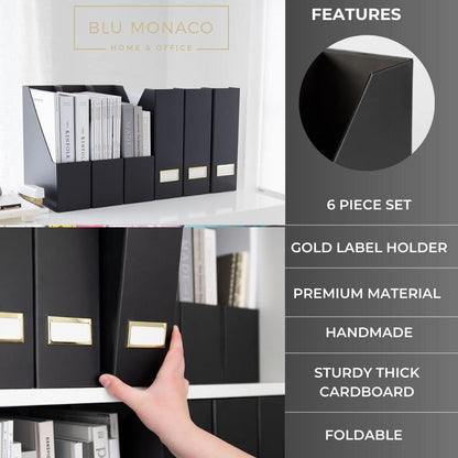 BLU MONACO Foldable Black Magazine File Holder | Set of 6 Cardboard Desk Organizer Boxes | Vertical Magazine File Holder | Standing File Holder | Office Classroom or Home