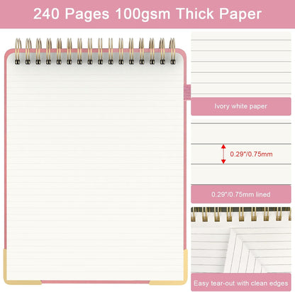 A5 Top Spiral Notebook, Large Leather Hardcover Top Bound Steno Pads, 240 Pages 100 gsm Thick Lined Paper Left Handed Notebook Journal for Work, School, Meeting Writing - Brown, 5.9" x 8.5"