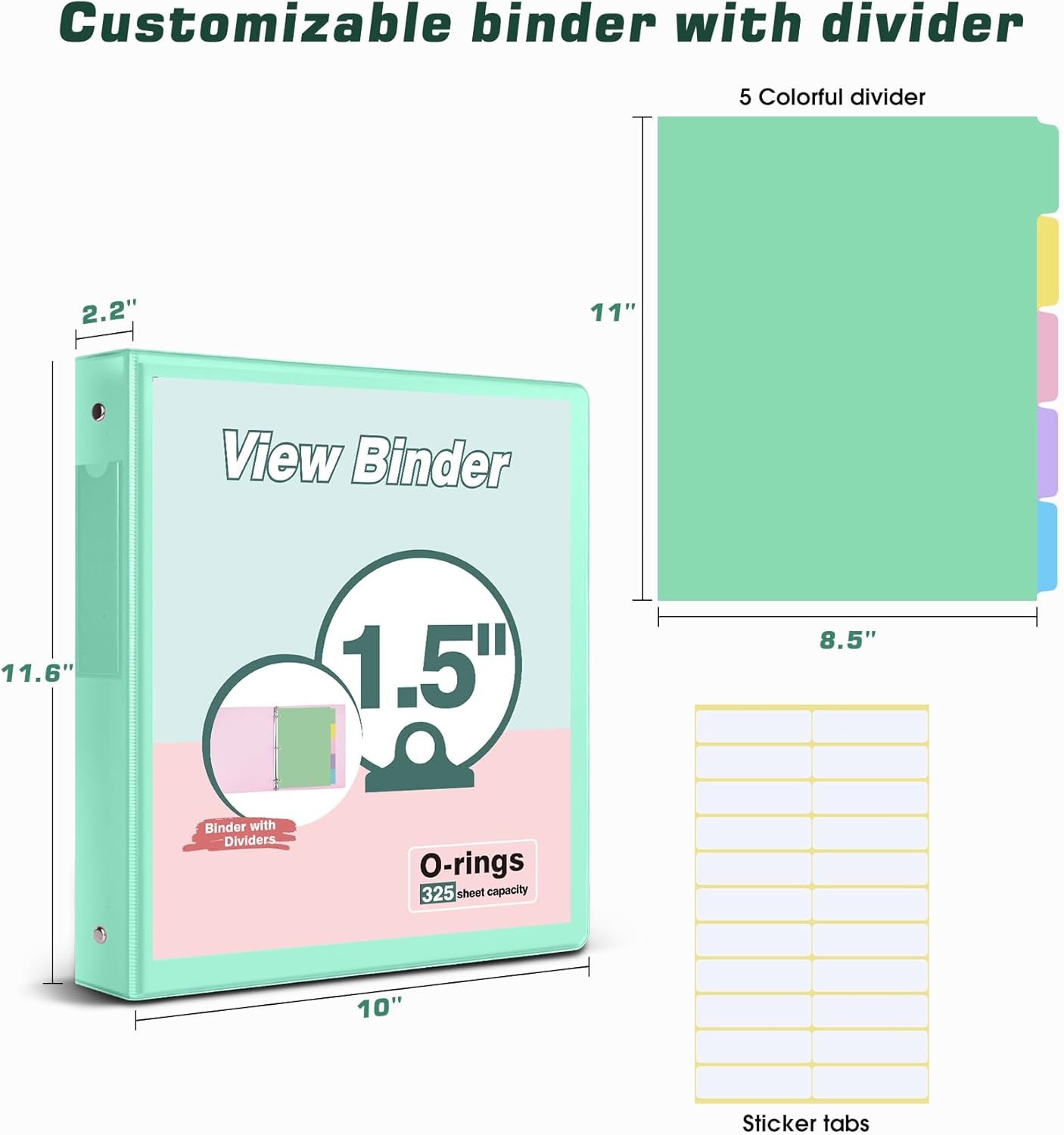3 Ring Binder 1.5 inch，Cute Binder Organizer with 5 Tab Dividers Fits 175 Sheets of 8.5x11 Paper,Customizable Clear Cover with Inside Pockets,Aesthetic 1.5" Three Ring Binders for School Office,Purple