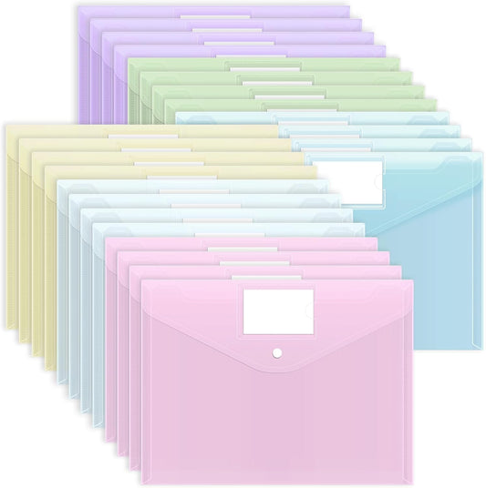 EOOUT 36 Pack Plastic Envelopes Poly Folders, Plastic File Folders with Snap Closure, A4 Size File Envelopes with Label Pocket for Documents School Office Supplies