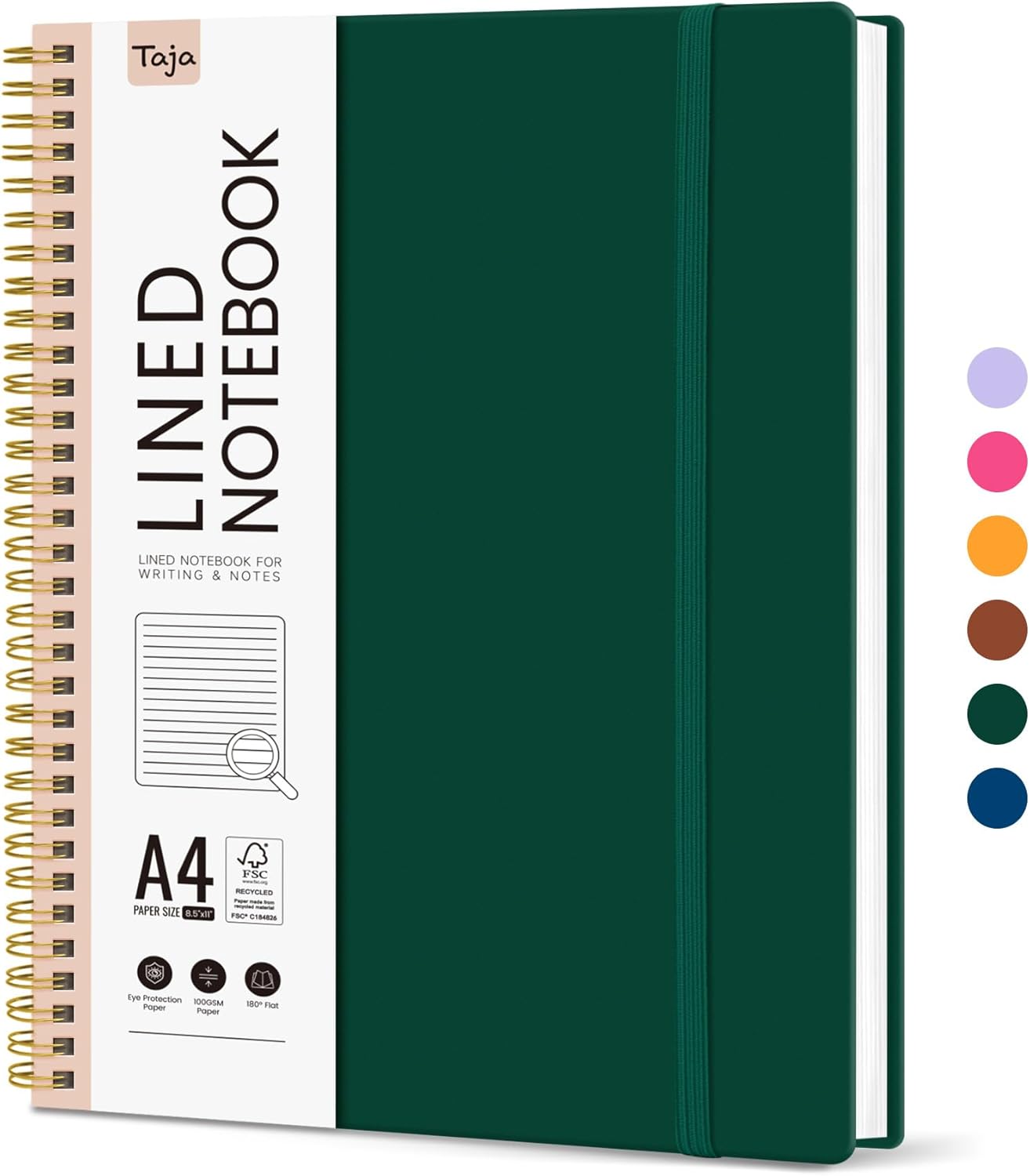 Taja Spiral Lined Notebook, 8.5"x11" Notebooks for Work, Large A4 Journal for Women & Men, College Ruled Journaling Notebook for Writing, Plastic Cover Spiral Journal, Green