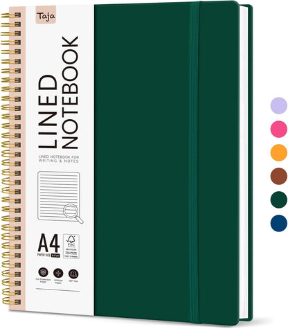 Taja Spiral Lined Notebook, 8.5"x11" Notebooks for Work, Large A4 Journal for Women & Men, College Ruled Journaling Notebook for Writing, Plastic Cover Spiral Journal, Green
