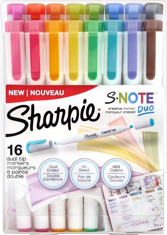 Sharpie S-Note Duo Dual-Ended Creative Markers, Highlighters, Assorted Colors, Fine and Chisel Tips, Includes Stand-Up Easel, 16 Count