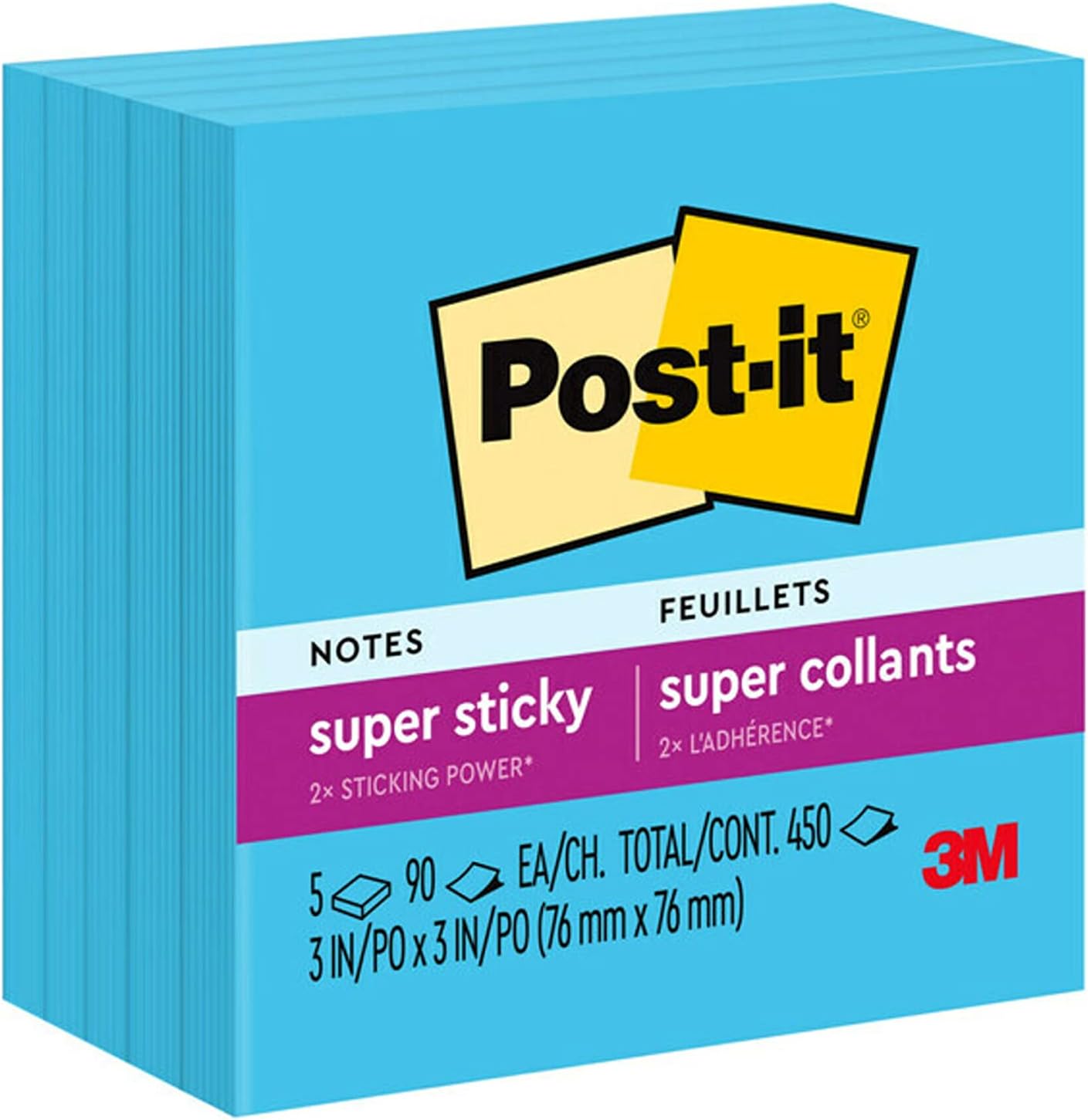 Post-it Super Sticky Notes, 5 Sticky Note Pads, 3 x 3 in., School Supplies, Office Products, for Vertical Surfaces, Monitors, Walls and Windows, First Snow White