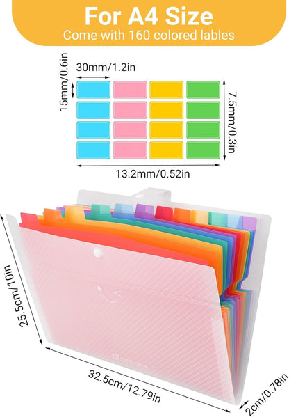 2PCS Expanding File Folder with 13 Pockets, Accordion A4 File Organizer with 160PCS Labels, Plastic Portable Receipt Paper Bill Document Organizer for School Office Supplies (Black)