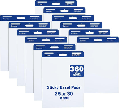 Comix Sticky Easel Pad, 25 x 30 Inches Flip Chart Paper for Teachers, Large Self Stick Easel Paper for Office School Classroom Supplies, 30 Sheets/Pad, 8 Pads/Pack