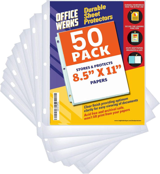 Office Werks 100 Clear Sheet Protectors, 8.5x11 Inch for 3 Ring Binder, Plastic Sheet Sleeves, Top Loading Paper Protector with Reinforced Holes, Archival Safe for Documents and Photos