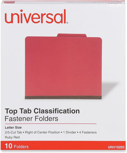 Universal 10203 Pressboard Classification Folders, Letter, Four-Section, Ruby Red (Box of 10)