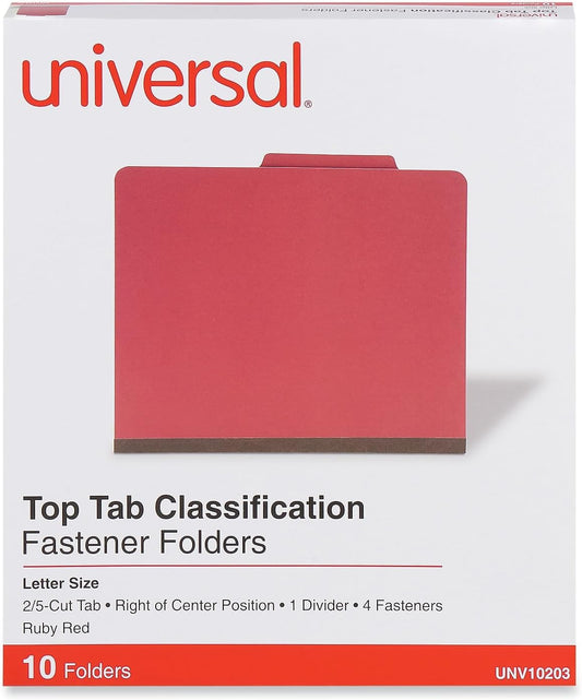 Universal 10203 Pressboard Classification Folders, Letter, Four-Section, Ruby Red (Box of 10)