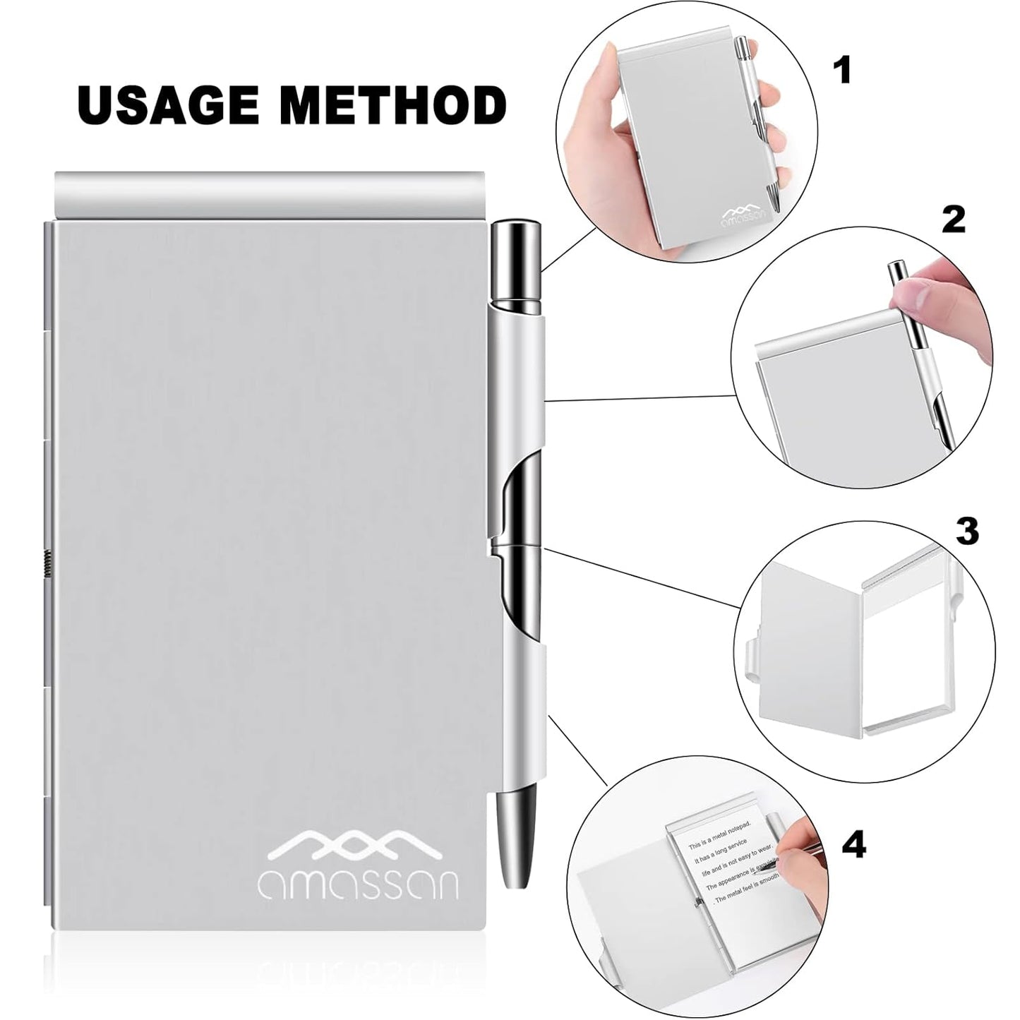 amassan Metal Small Notebook, Mini Notepad, Small Pocket Notepad Aluminum Note Case with Mini Metal Pen and 60-Page Sheets - Memo Books Note Pads (2pcs-Sliver+Sliver)