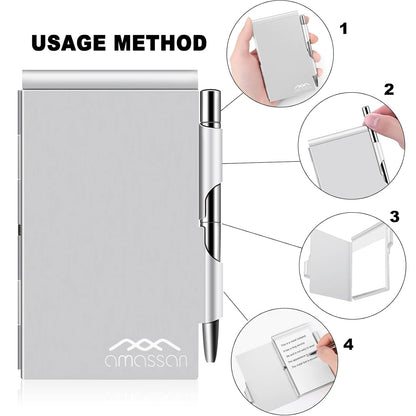 amassan Metal Small Notebook, Mini Notepad, Small Pocket Notepad Aluminum Note Case with Mini Metal Pen and 60-Page Sheets - Memo Books Note Pads (2pcs-Sliver+Sliver)