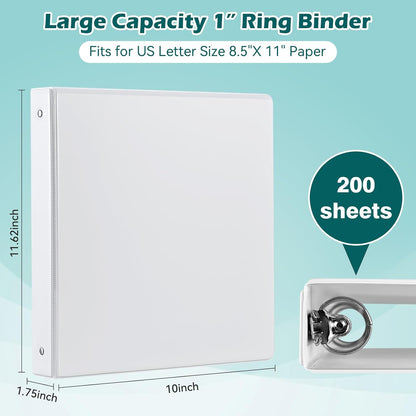 Heture 3 Ring Binder 1 Inch 12 Pack, 1" Clear View with Round Rings, PVC-Free,Holds for 200 Sheets 8.5“ x 11" US Letter Size Paper, Durable White Binders Perfect for Office,School and Home