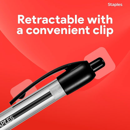STAPLES Retractable Ballpoint Pens, Fine Point, Black Ink, 12 Pack – Smooth, Reliable Writing Pens for Office & School Use