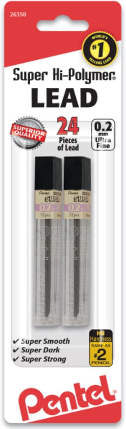 Pentel Super Hi-Polymer Lead Refill 0.2mm, Super Fine, HB, 12ct. Tubes, 2 Pack (C502BP2HB)