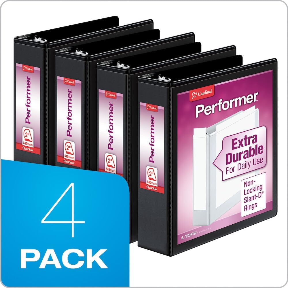 Cardinal Performer 3-Ring Binders, 2", Non-Locking Slant-D Rings, 540-Sheet Capacity, ClearVue Presentation, Non-stick, PVC-Free, Black, 4-Pack (27501)