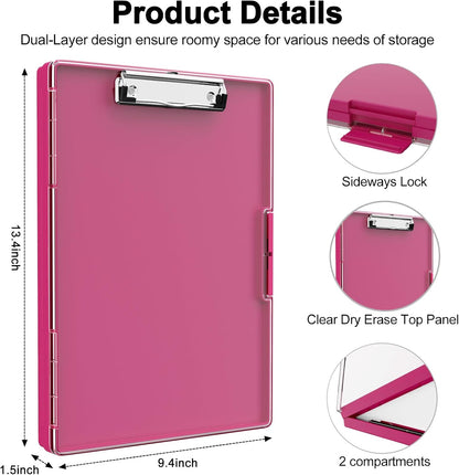 Piasoenc Clipboard with Storage, 8.5 x 11 Clip Boards with 2 Storage Case and A4 Paper Folder, Clear Dry Erase Top Panel, Heavy Duty Plastic, Folio & Side Opening, for Nurses, Teachers, Lawers,Black