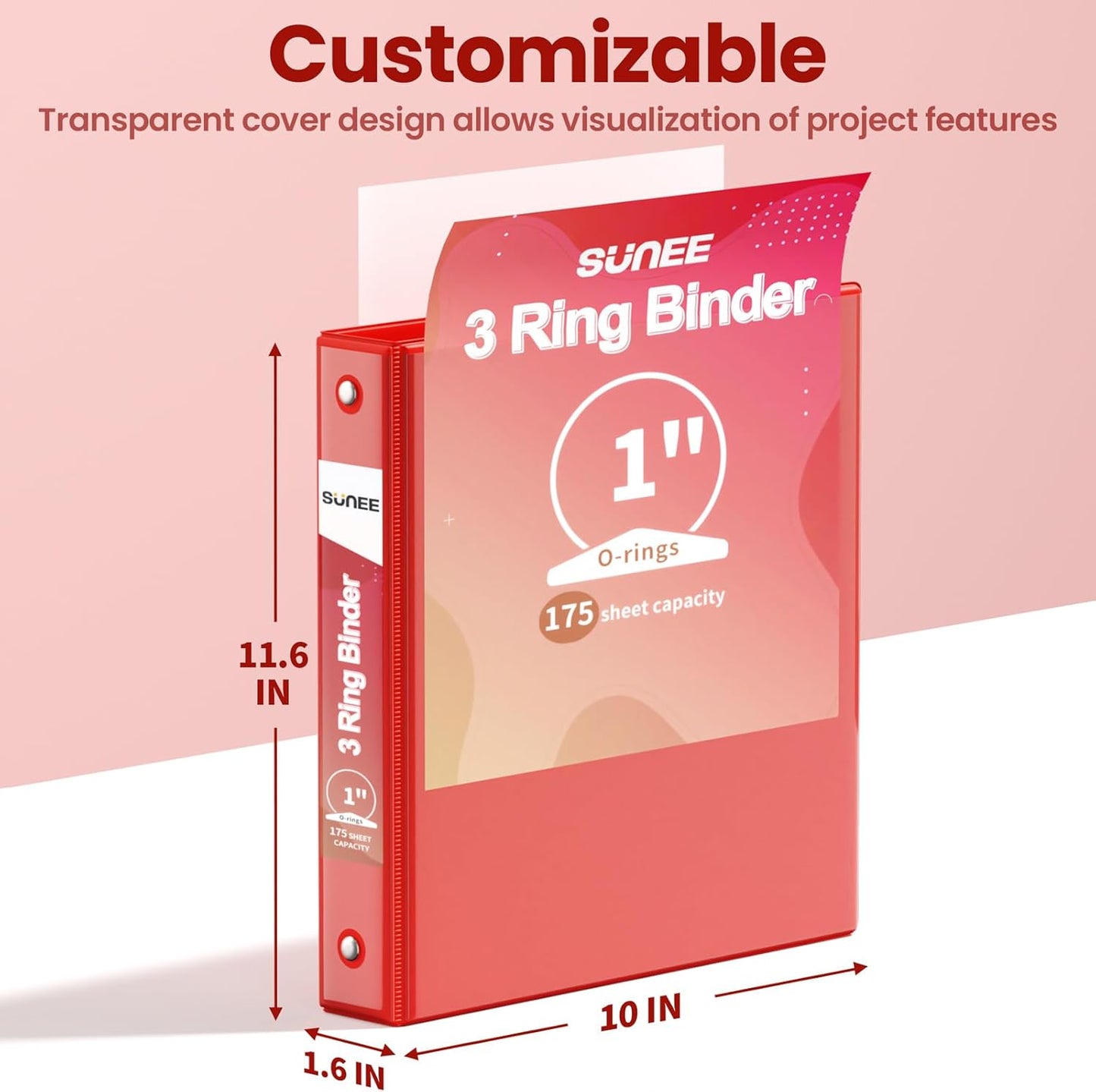 SUNEE 3 Ring Binder 3 Inch 1 Pack, Clear View Binder Three Ring PVC-Free (Fit 8.5x11 Inches) for School or Office Supplies, Pink