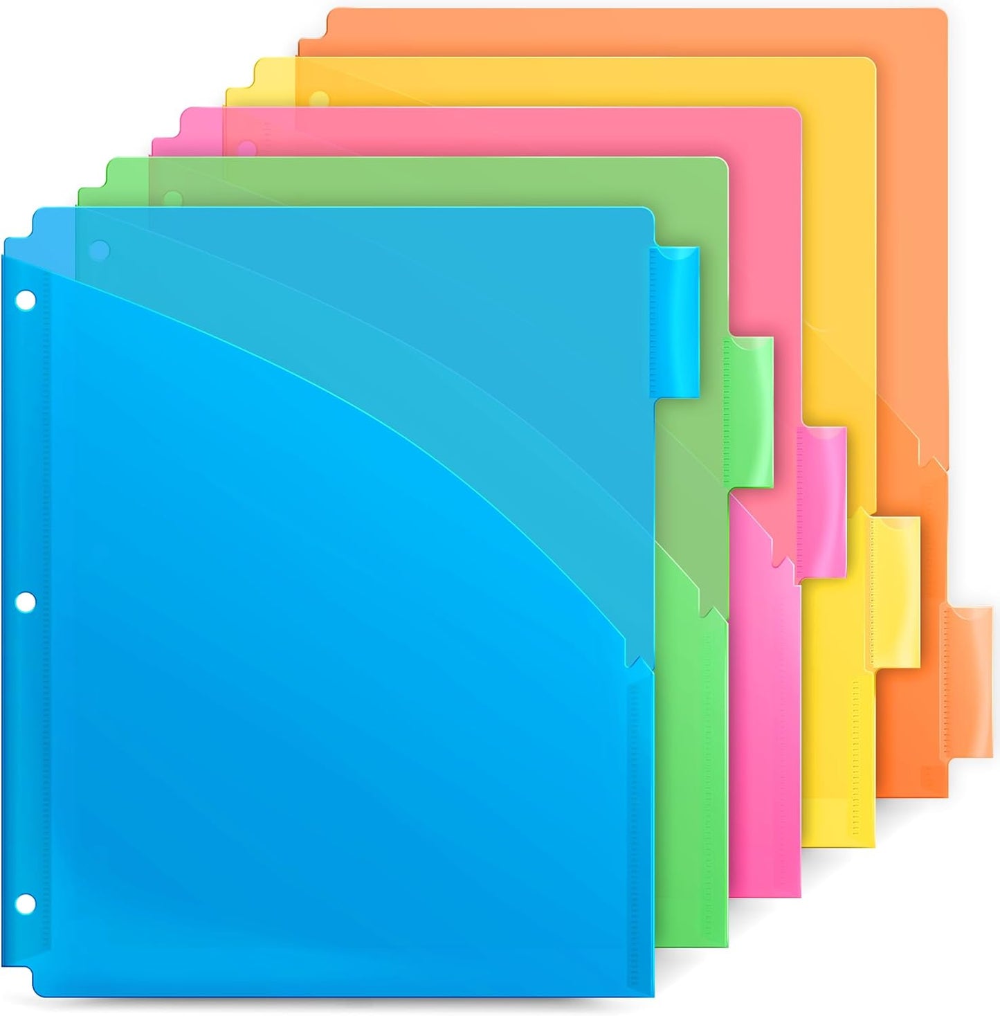 Dunwell 5-Tab Dividers with Pocket for 3-Ring Binders (3 Sets, 15 Count), Plastic One Pocket Dividers with Tabs, Slash File Jackets 3 Hole Punched for 8.5x11 Paper, Poly Pocket Notebook Dividers
