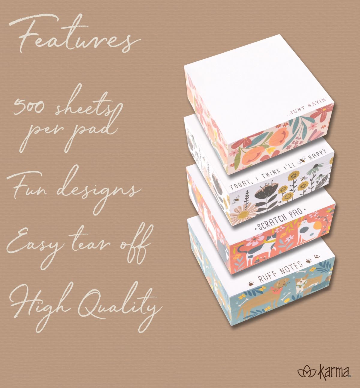 Karma, Block Notepad, 500 Sheet Memo Paper Cube, Non-Sticky Memo Pad Cube for Office, and Home, Dog