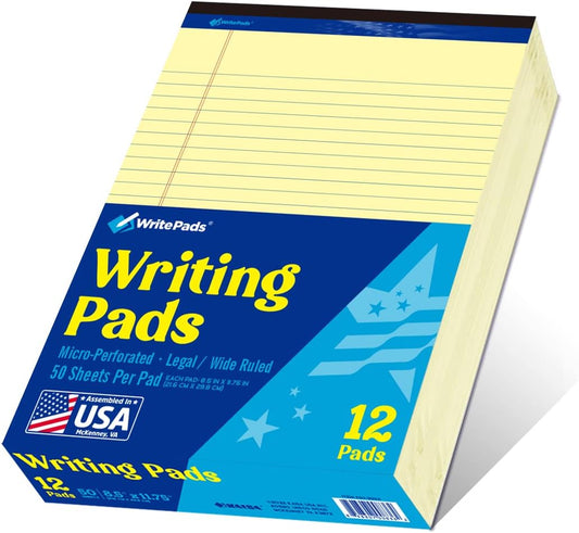 WritePads Legal note pads 8.5"x11" Legal Pads,Wide Ruled,White Paper,12 Pack,50 Sheets Per Writing Pad,Micro perforated Writing Pad,BL-MWT50W-12PAD