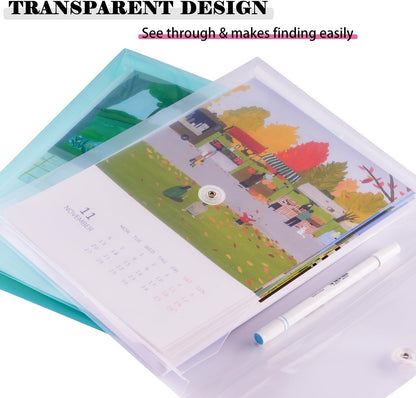 A4 Letter Size Plastic Poly Envelopes with Button and String Tie Closure, 1-1/4" Expansion Clear File Folders Side Loading Documents Organizer for Home School and Office Supplies (7)