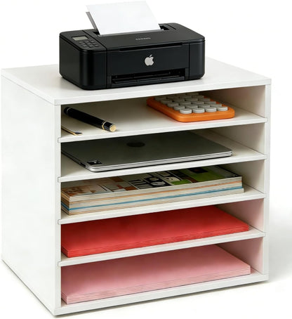 EMERIT 4-Tier Adjustable Paper Organizer, Large Capacity Desktop Organzier for Textbooks/Magazines/Office Files, Wooden Dividers, 7 lbs per Shelf, White
