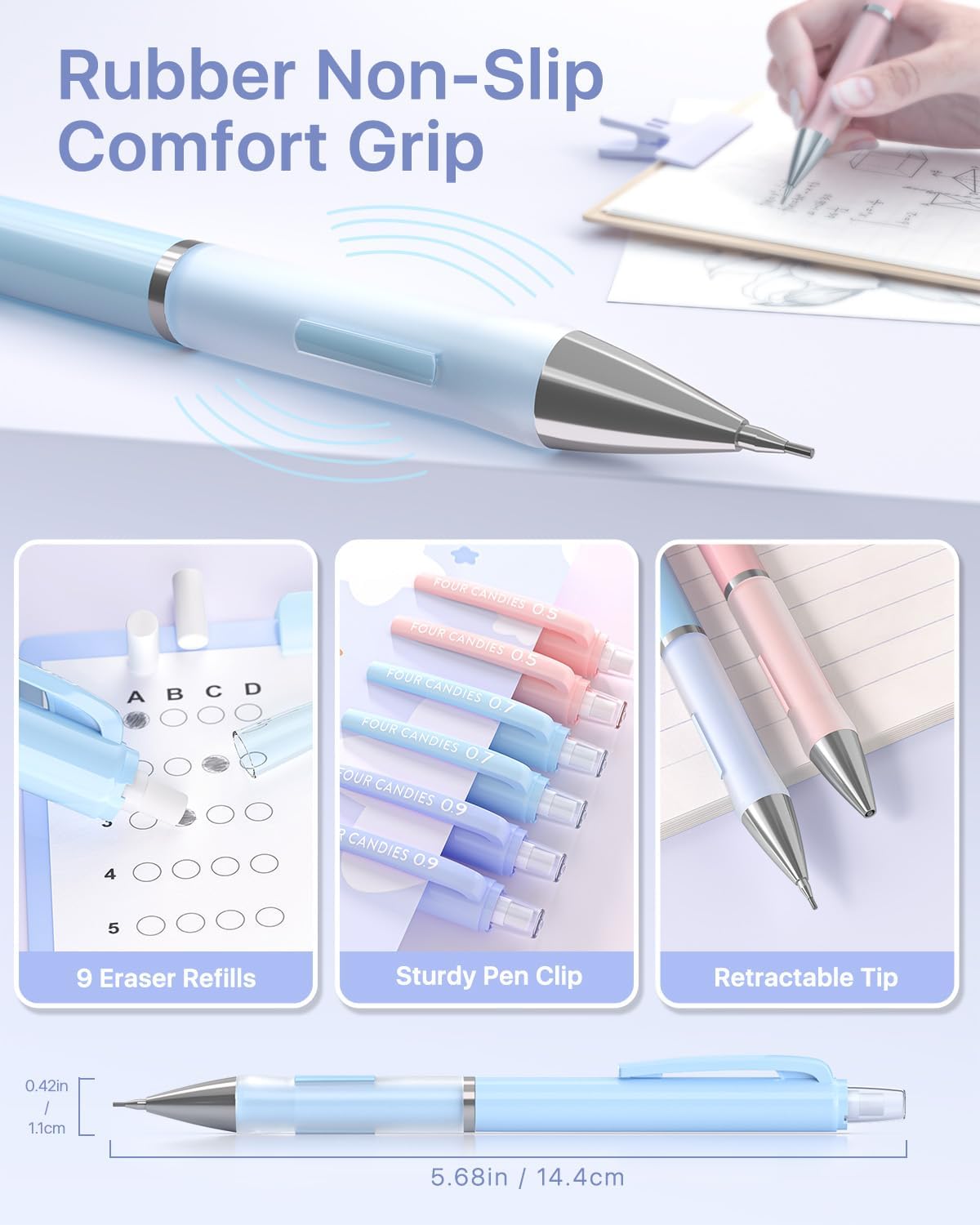 Four Candies Cute Mechanical Pencils 0.7mm, Pencil Set with 360PCS Lead Refills & Pastel Erasers, School Supplies with Case