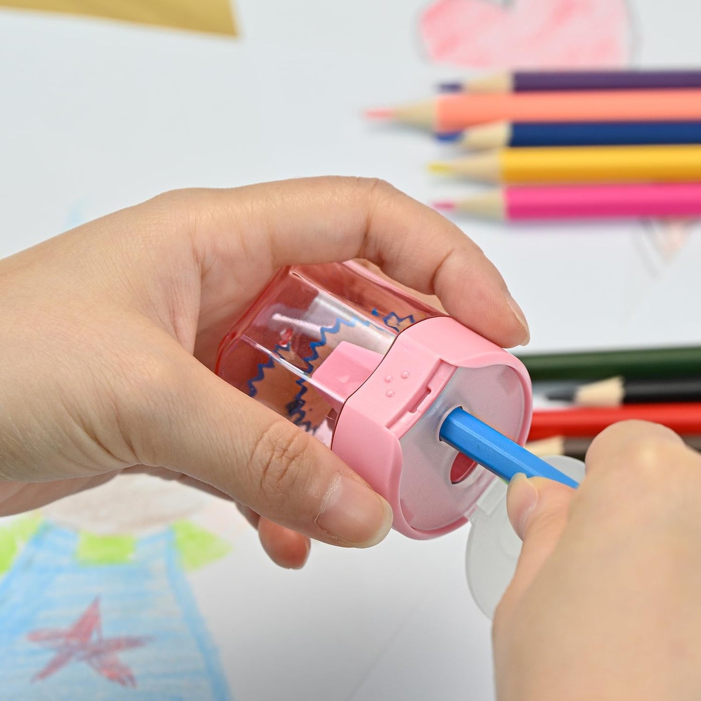 Colored Manual Pencil Sharpeners in Bulk, BOPART 24pcs Small Handheld Pencil Sharpener Dual Holes with Lid for Kids Adults at Classroom School Office Home (24Pcs Sharpeners - D)