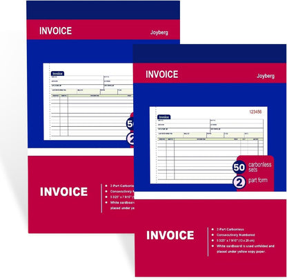 2 Packs Invoice Book for Small Business 2-Part Carbonless, 5-1/8”x7-29/32” Receipt Book for Small Business, White/Canary Invoice Receipt Book, Purchase Order, Sales Order(50 Sets per Book)