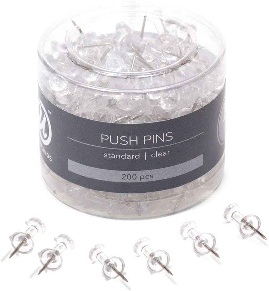 U Brands Push Pins, Clear Plastic Head Thumbtacks, Steel Point, 200-Count