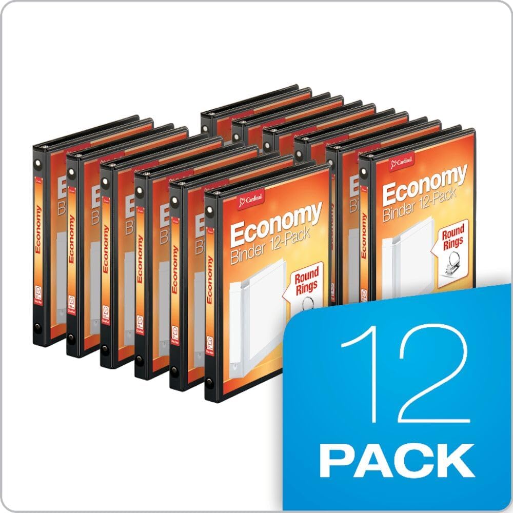 Cardinal Economy 3-Ring Binders, 3", Round Rings, Holds 625 Sheets, ClearVue Presentation View, Non-Stick, White, Carton of 12 (90651)