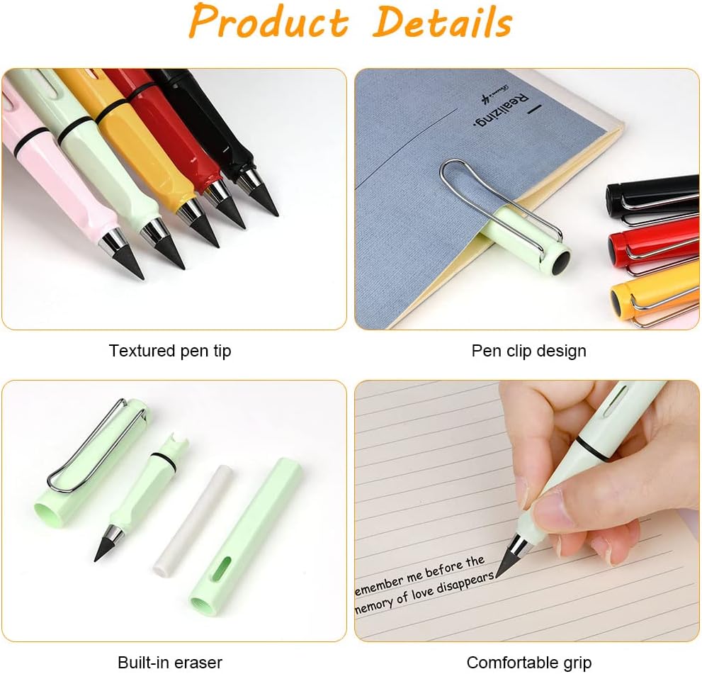 Ainiv Inkless Pencil with Eraser - 5 Sets Infinity Pencil, Reusable with Extra 5 Eraser & 5 Replaceable Nibs for Home, Office & School Writing, Drawing