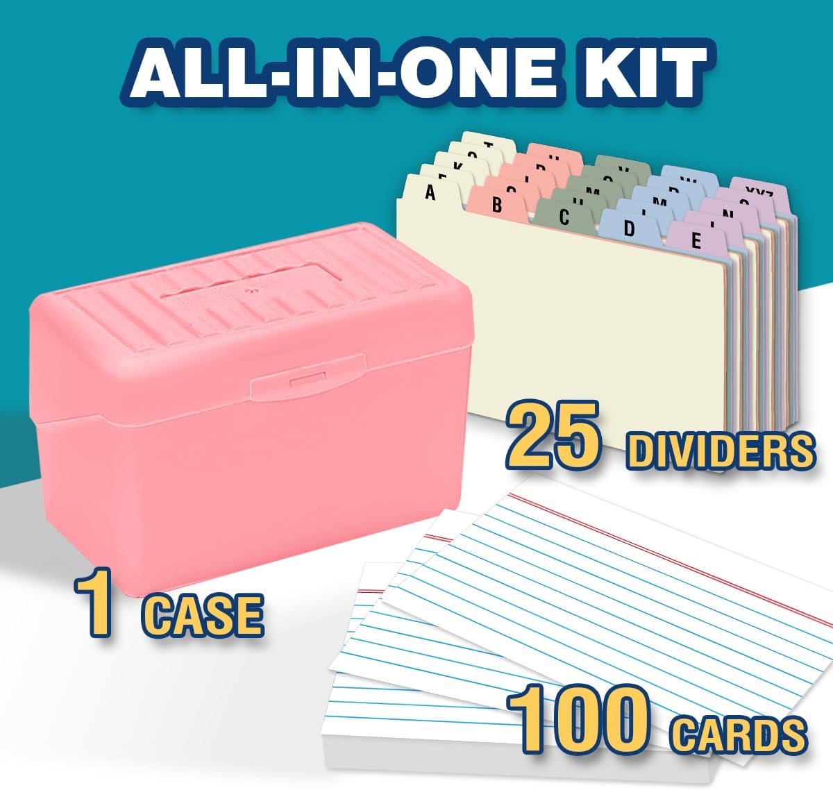H4D 3x5 Index Card Holder with 100 Heavyweight Ruled Index Cards and 25 Plastic Dividers, Black