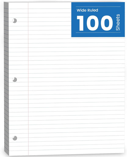 Loose Leaf Paper, 300 Sheets Filler Notebook Paper, 3-Hole Punched Binder Papers 8-1/2 x 11 In, Wide Ruled Lined Paper 8.5 x 11 for 3 Ring Binder, White, 3 Pack, 100 Sheets/Pad