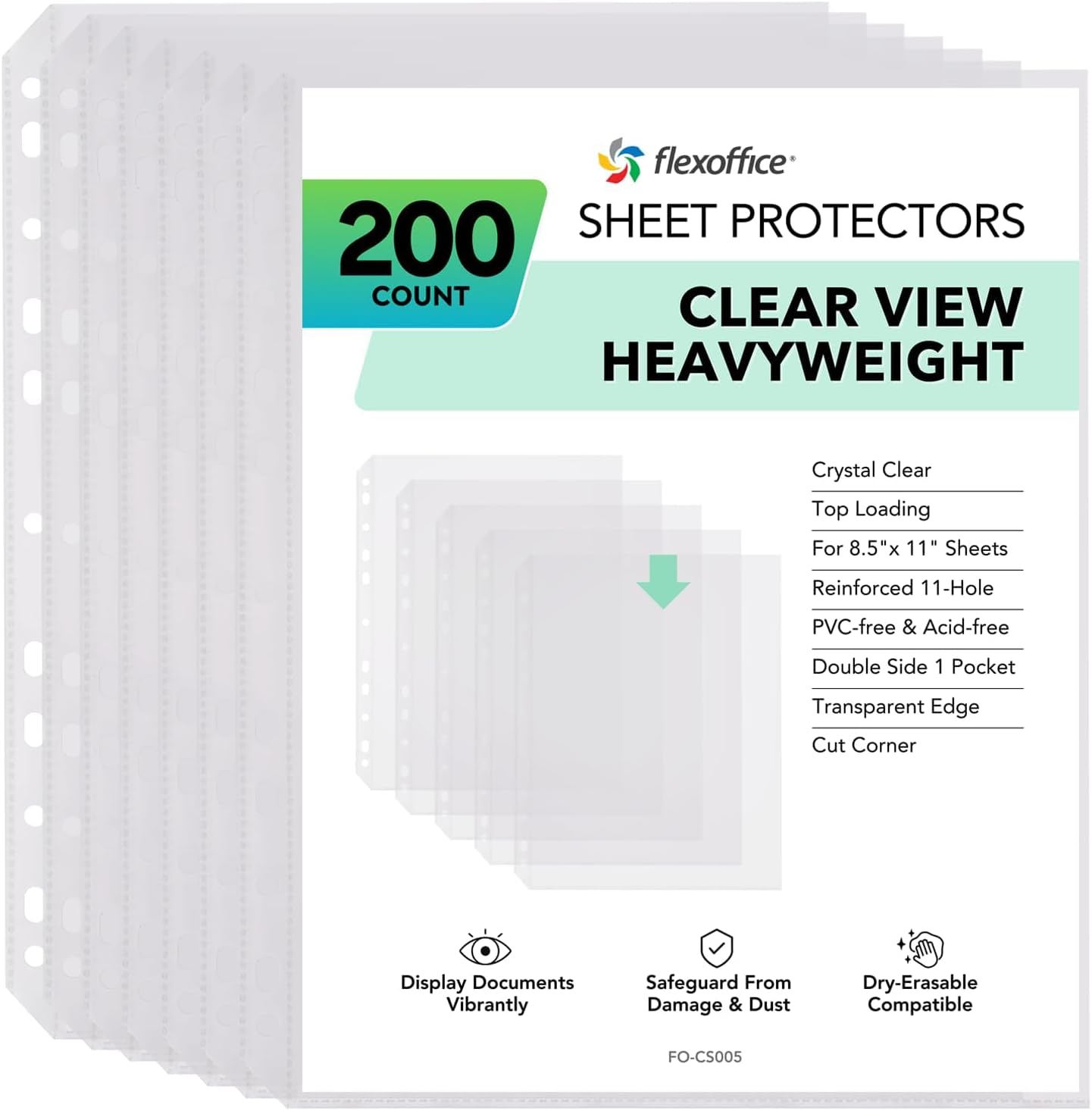 FLEXOFFICE 200 Pack, Extra Heavy Duty Sheet Protectors 8.5 x 11, Non-Glare, Top Loading 9.25 x 11.25 inch, Clear Page Protectors, Plastic Sleeves Reinforced 11-Hole Fit for 3 Ring Binder