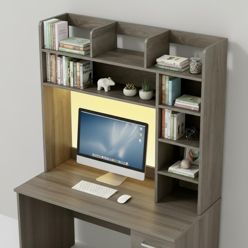 Tangkula Desktop Bookshelf, Countertop Storage Hutch with 5 Shelves for Computer Desk, Desk 3-Tier Display Rack, Multipurpose Wood Desktop Hutch Storage Organizer for Dorm Office Home