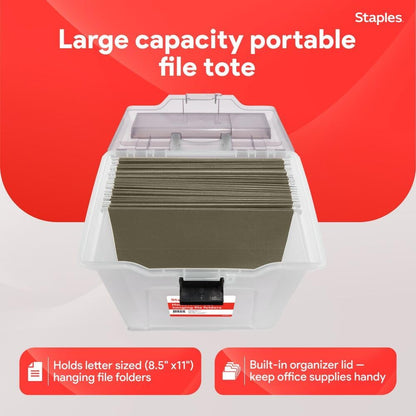 STAPLES Plastic File Box with Snap Lid, Letter/Legal Size, Clear, 4/Carton