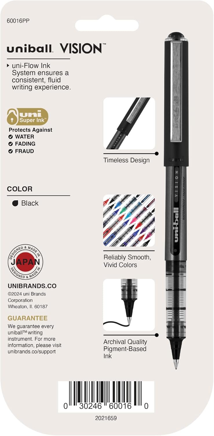 uniball Vision Rollerball Pens, Micro Point (0.5mm), Black, 4 Pack