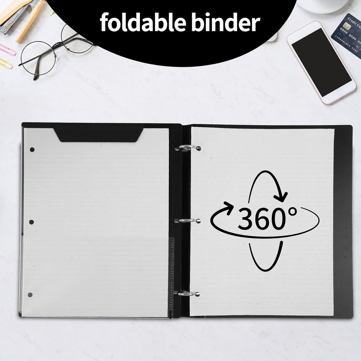 360 Degree Pivotable Binder, Upgraded 3 Ring Binder 1 inch 4 Pack, Flexible Binders 3 Ring, Foldable Three Ring Binders- Black, White, Blue, Red