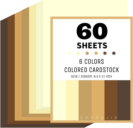 60 Sheets 8.5" x 11" Brown Colored Cardstock, 6 Assorted Shades 250GSM/92lb Thick Construction Paper for Printer, Card Making, DIY Crafts, Scrapbooking, Invitations & Party Decorations