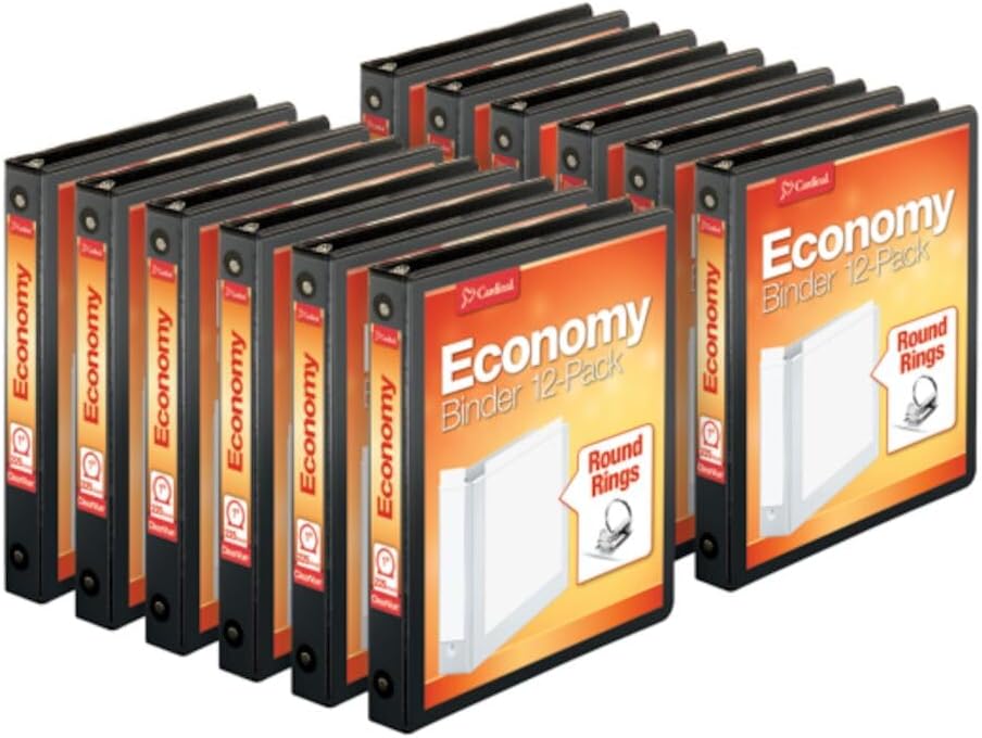 Cardinal Economy 3-Ring Binders, 3", Round Rings, Holds 625 Sheets, ClearVue Presentation View, Non-Stick, White, Carton of 12 (90651)